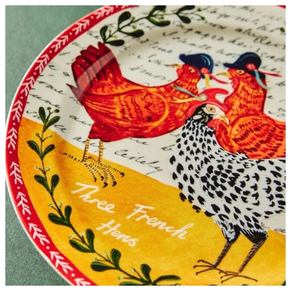 NIB Anthropologie Emily Maude 12 Days of Christmas 3 French Hens Dessert Plate